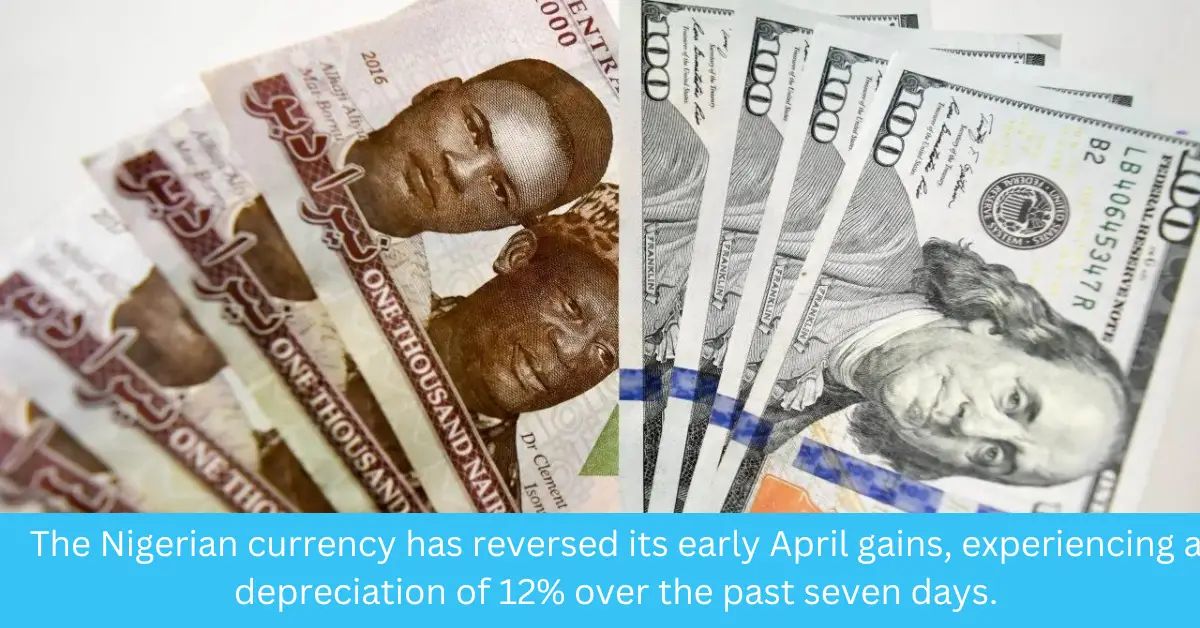 The Nigerian currency has reversed its early April gains, experiencing a depreciation of 12% over the past seven days.