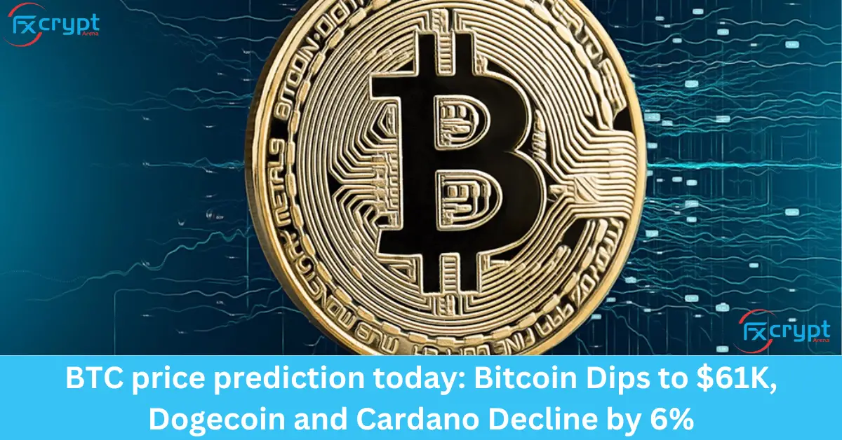 BTC price prediction today: Bitcoin Dips to $61K, Dogecoin and Cardano Decline by 6%